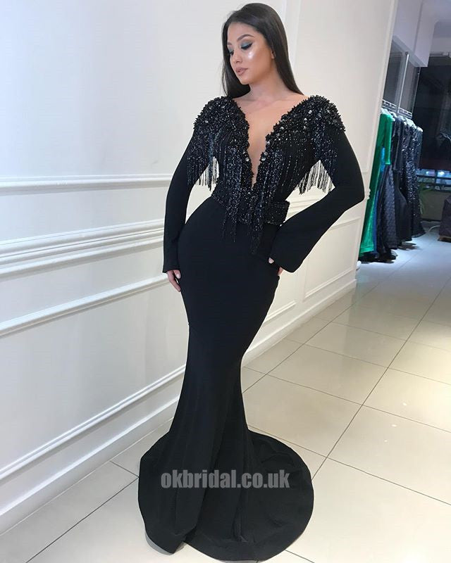 High-neck and Long Sleeve Black Glitter Mermaid Gown - Promfy